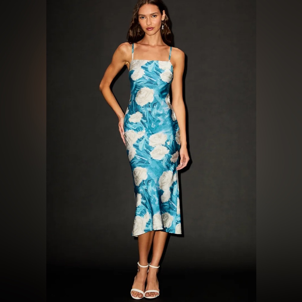 Lulu's Teal and Cream Floral Midi Dress